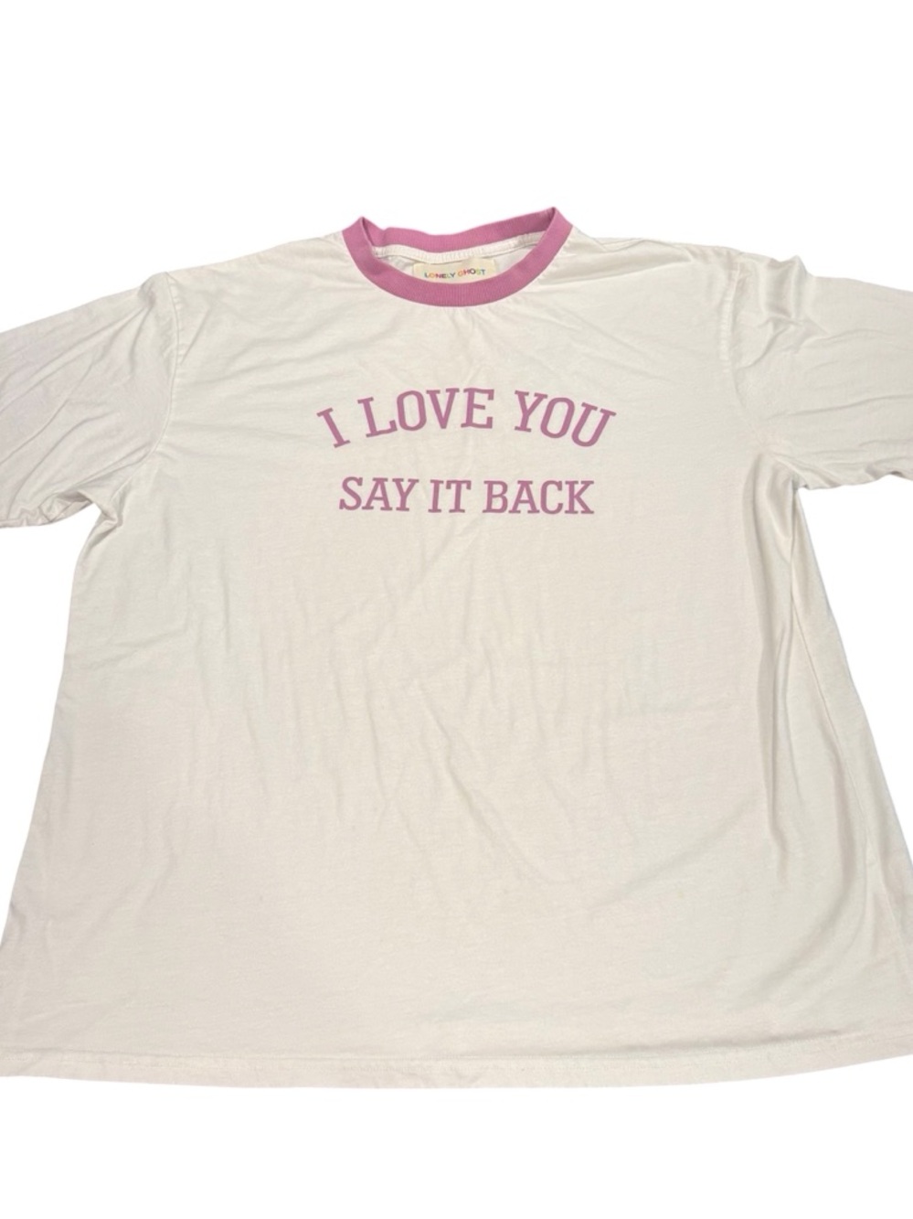 Lonely Ghost I love You Say it Back ringer tee size xl women white purple